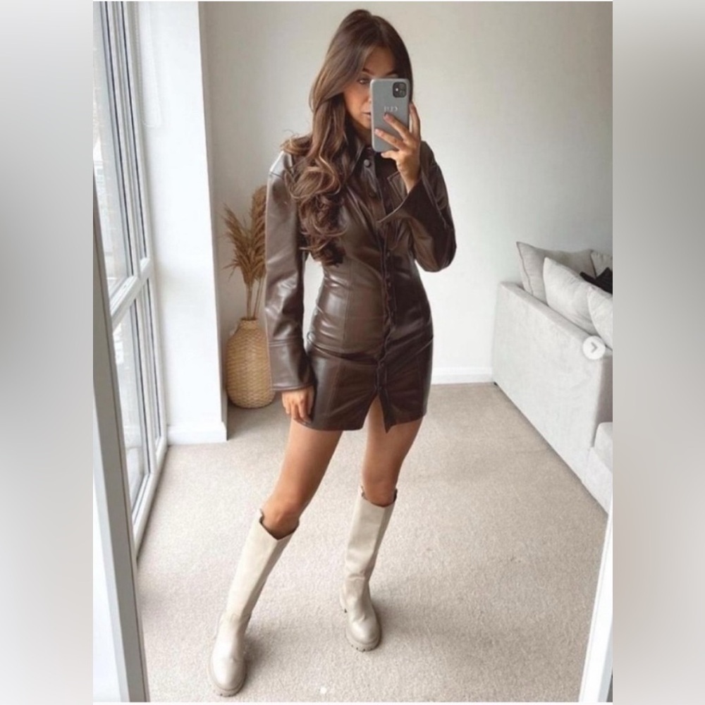 NWT Zara Brown Faux Leather Women's Mini Dress X-Small